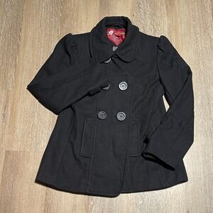 Me Jane Black Wool Blend Double Breasted Peacoat GIRL Size Large Puff Sleeve EUC